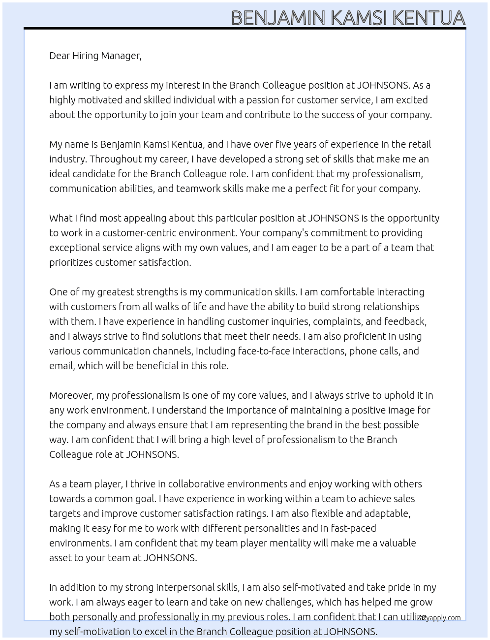Branch Colleague At JOHNSONS Cover Letter