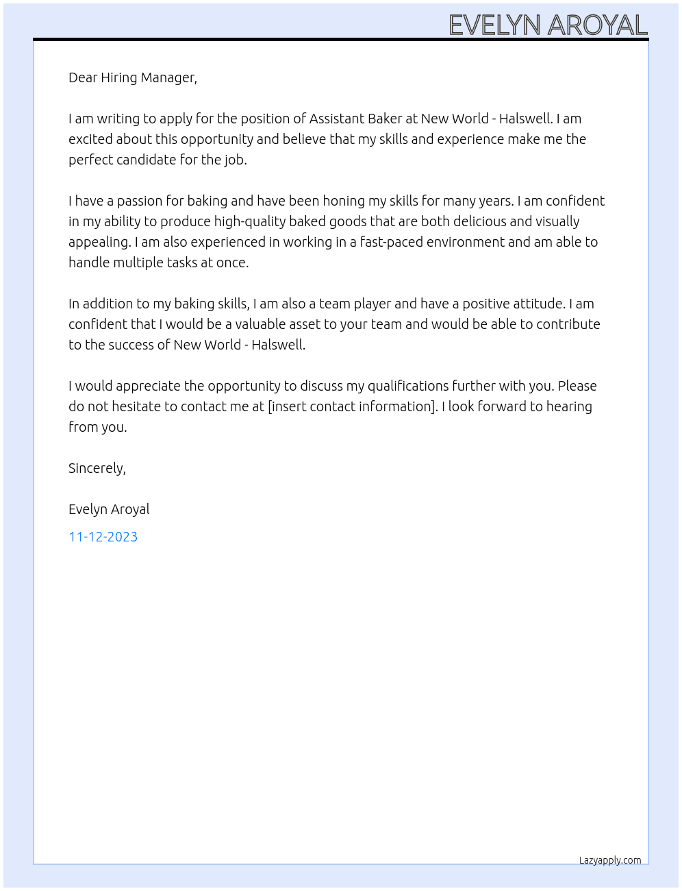 Assistant Baker At New World - Halswell Cover Letter