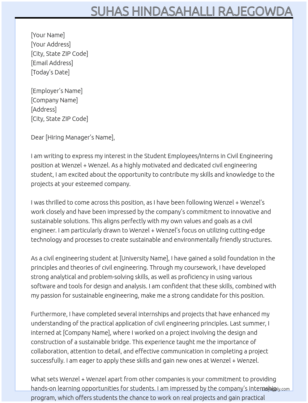 Student employees / interns in civil engineering At Wenzel +Wenzel Cover Letter