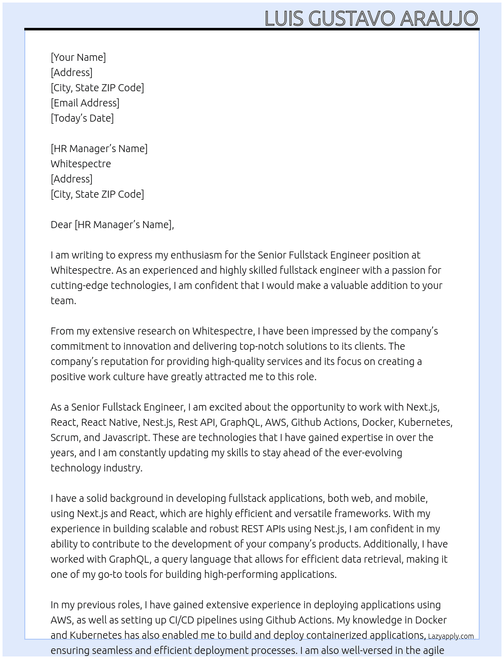 Senior Fullstack Engineer At Whitespectre Cover Letter