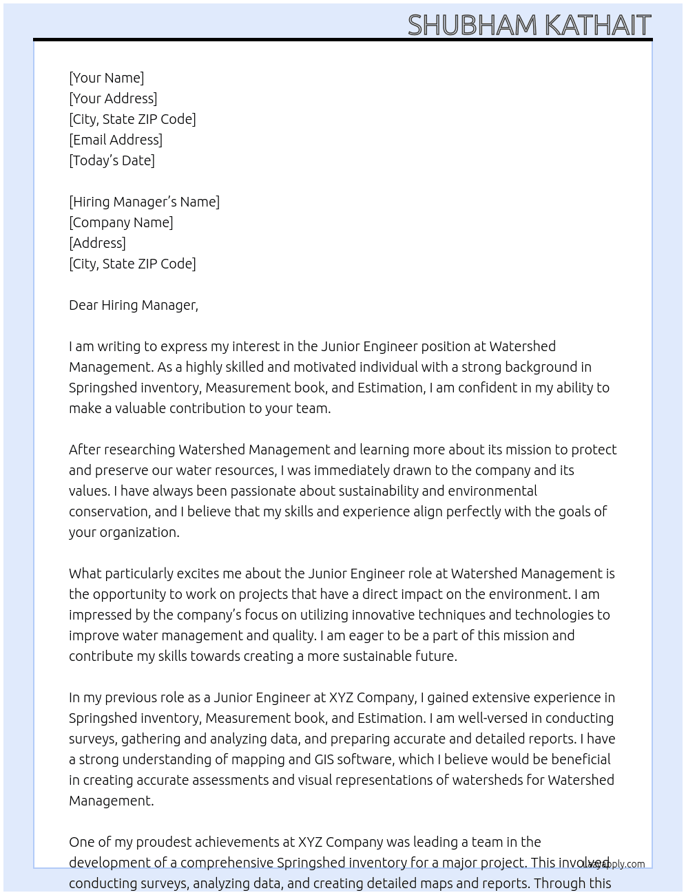 Junior engineer  At Watershed management  Cover Letter