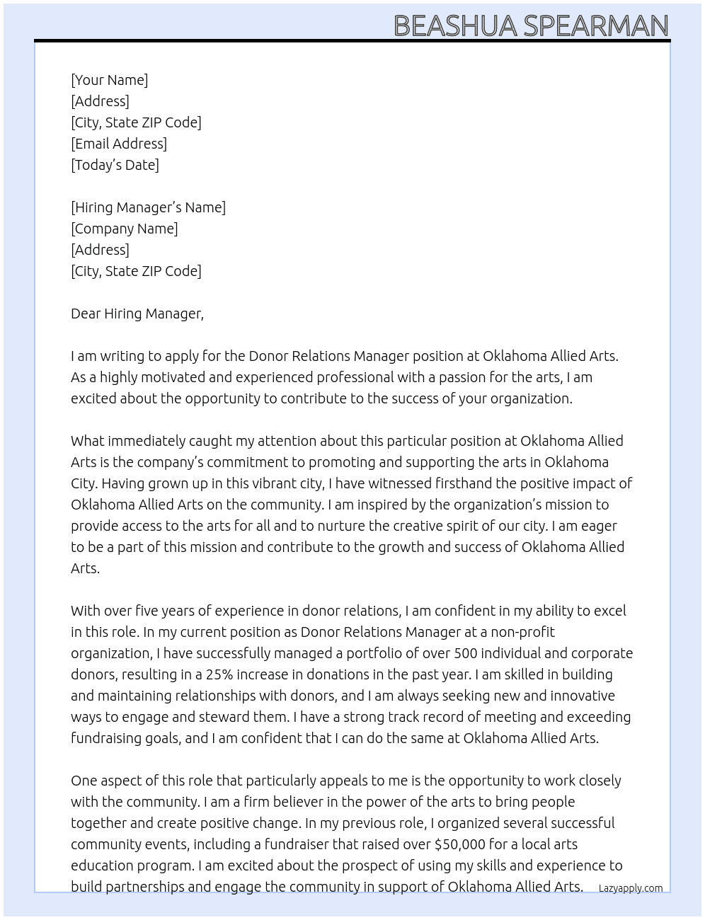 Donor Relations Manager At Oklahoma Allied Arts Cover Letter