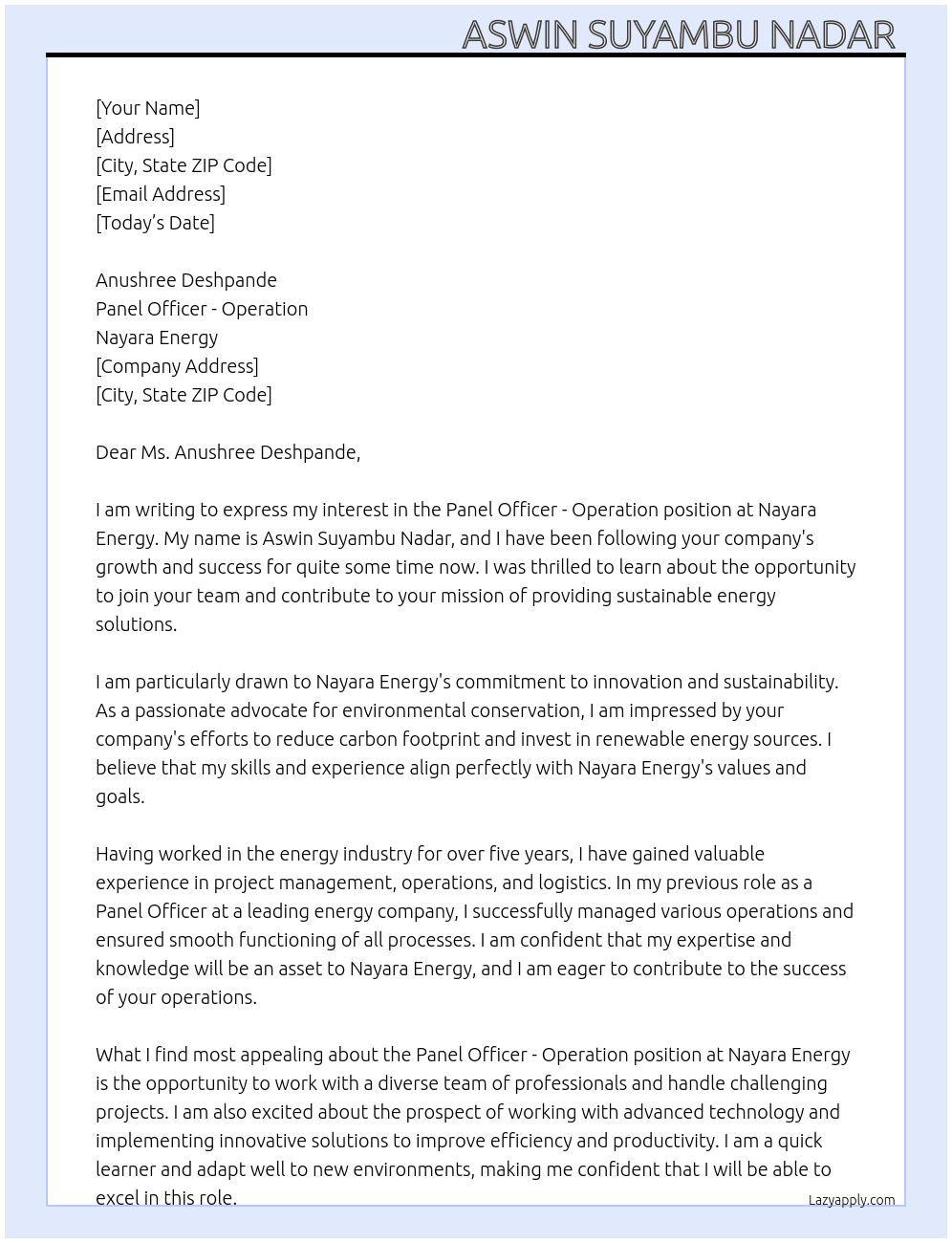Panel officer-Operation  At Nayara Energy  Cover Letter