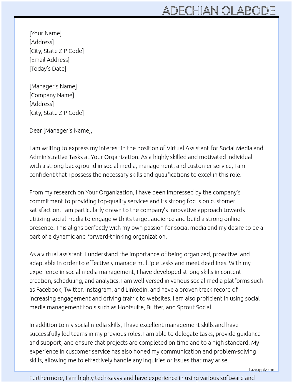 Virtual Assistant for Social Media and Administrative Tasks At You organisation Cover Letter