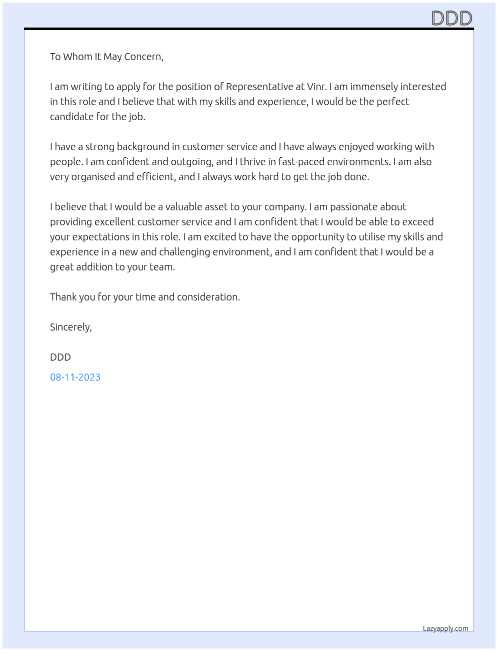 representative At vinr Cover Letter