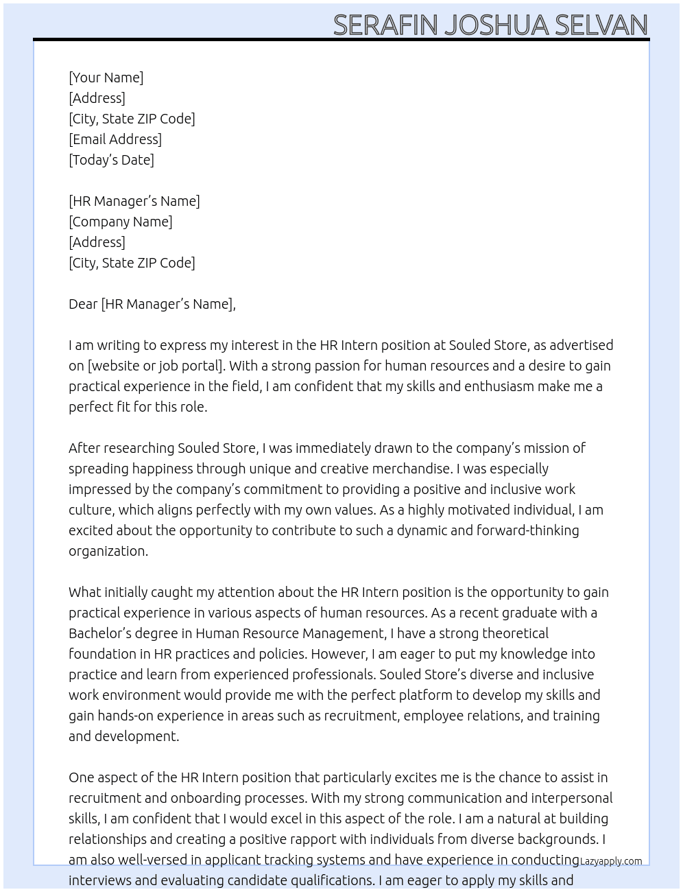 HR INTERN  At Souled Store Cover Letter