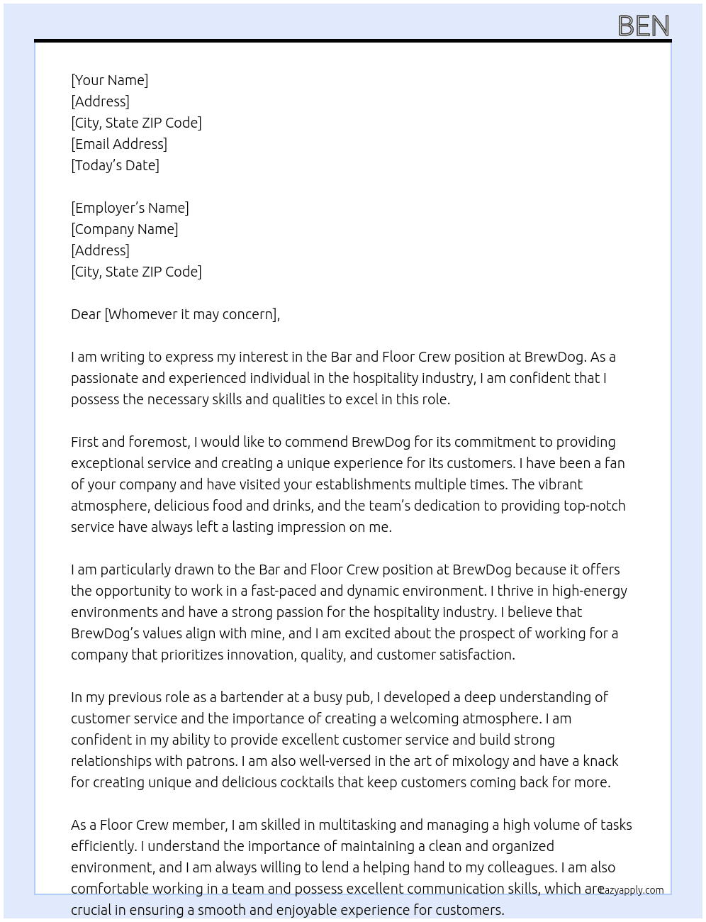 Bar and Floor Crew At BrewDog Cover Letter