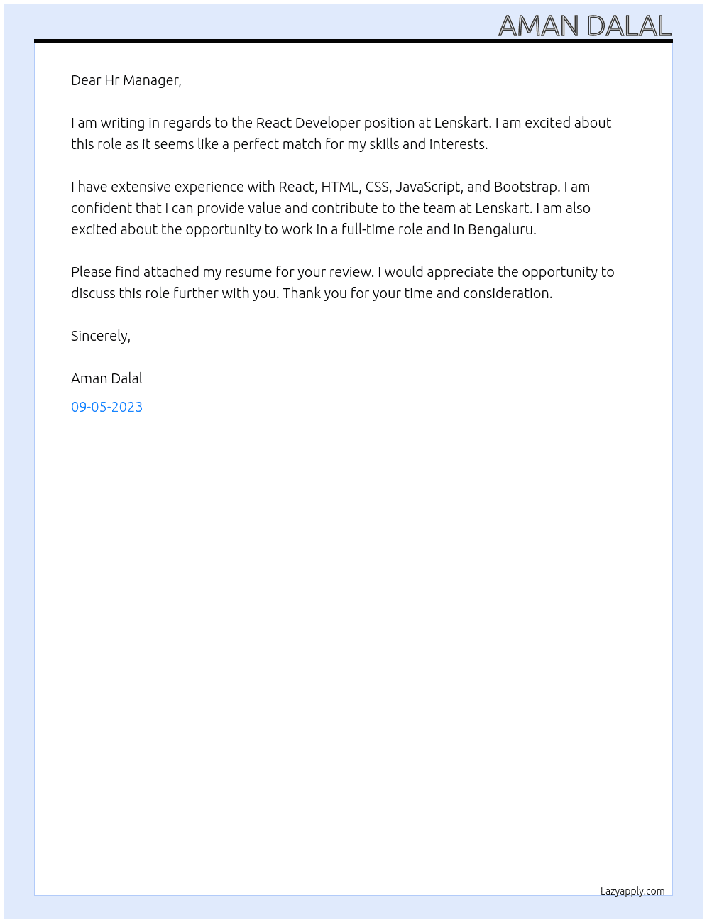 React Developer At Lenskart Cover Letter