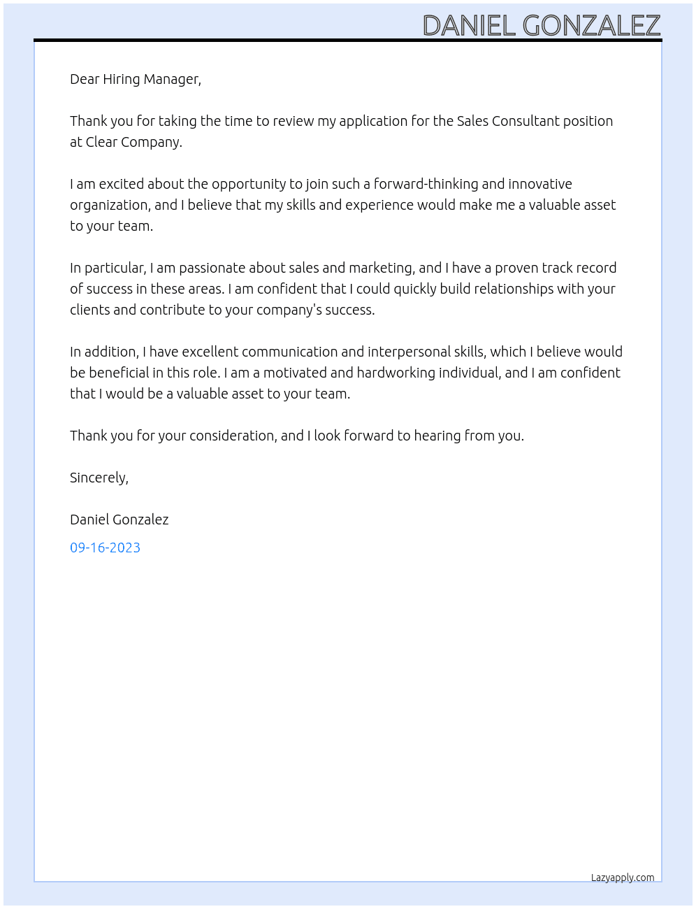 Sales Consultant At Clear Company Cover Letter
