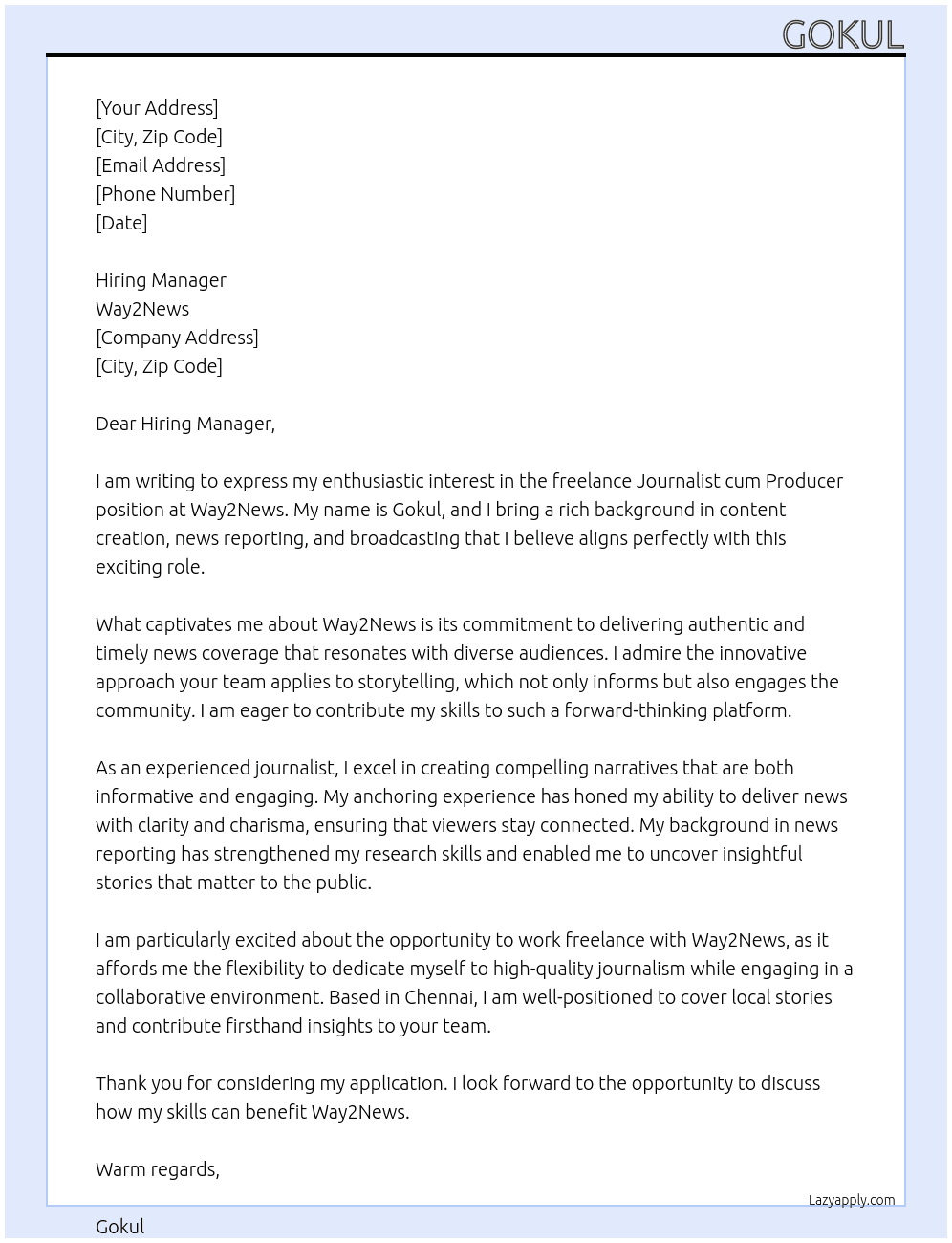 Journalist cum Producer  At Way2News  Cover Letter