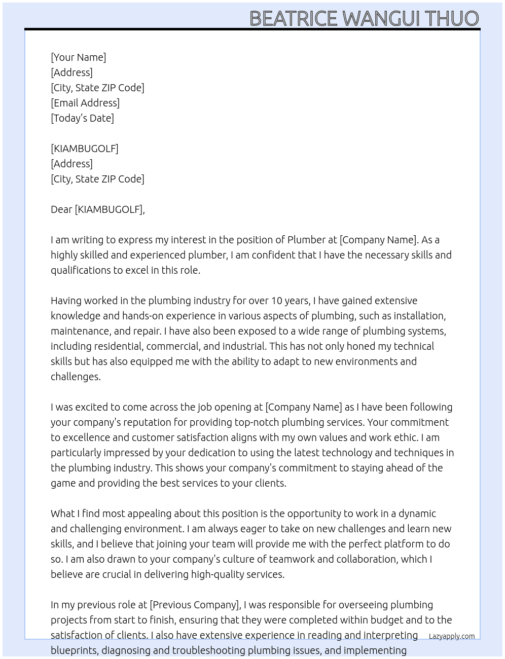 PLUMBER At Beatrice Wangui Thuo Cover Letter