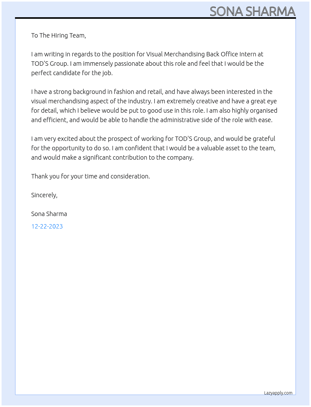 Visual Merchandising Back Office Intern At TOD'S Group Cover Letter