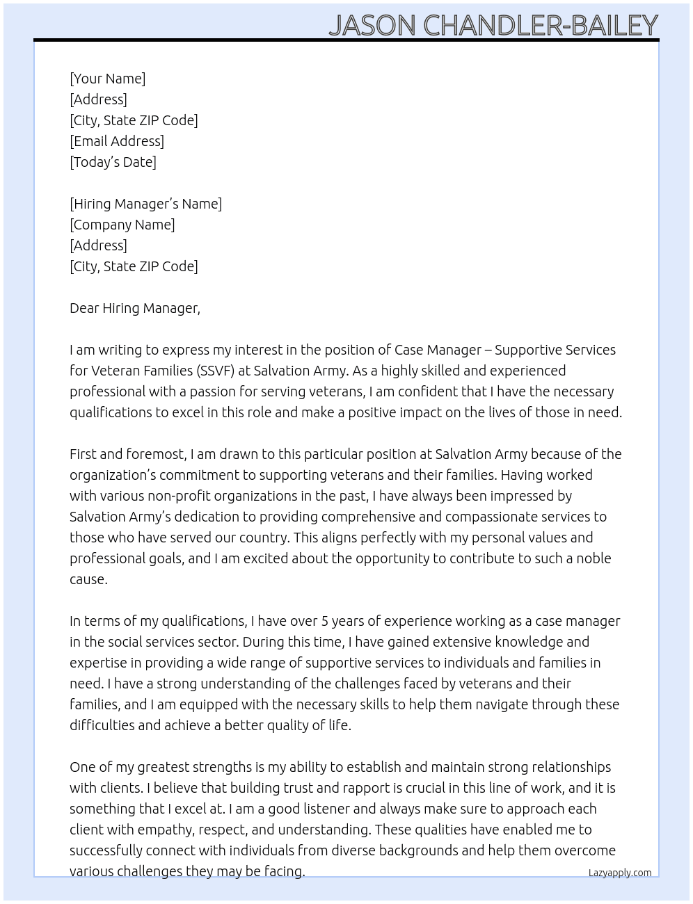 Case Manager – Supportive Services for Veteran Families (SSVF) At Salvation Army Cover Letter