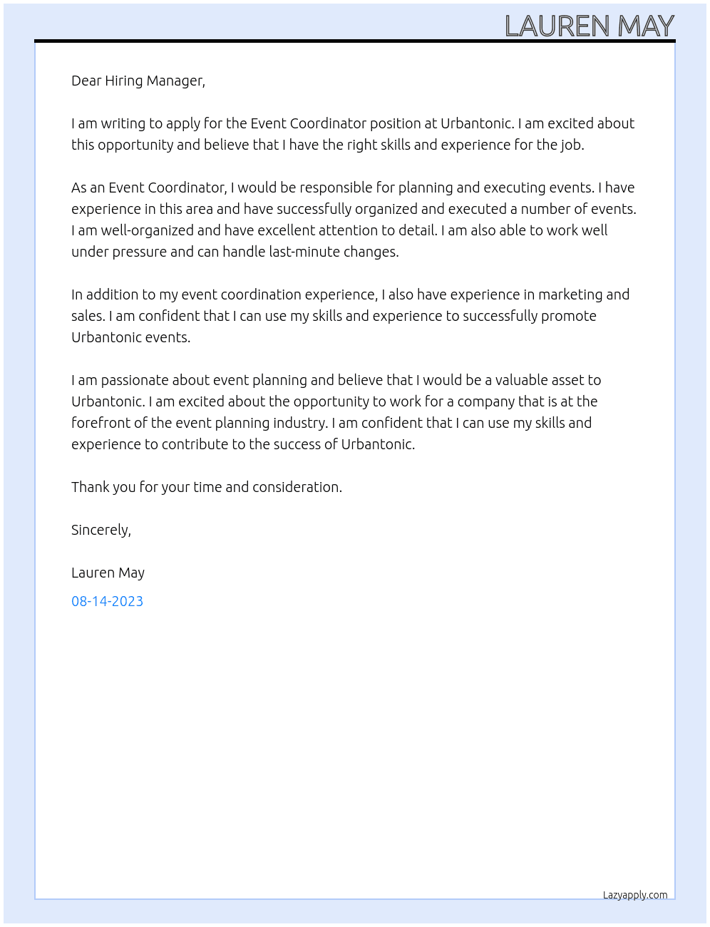 Event Coordinator  At Urbantonic Cover Letter