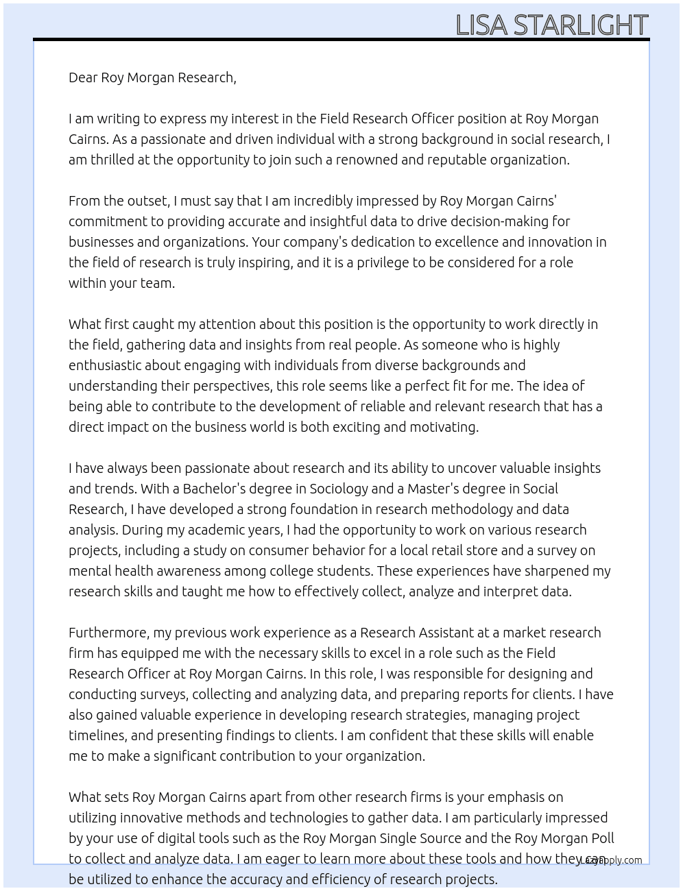 Field Research Officer At Roy Morgan Cairns Cover Letter