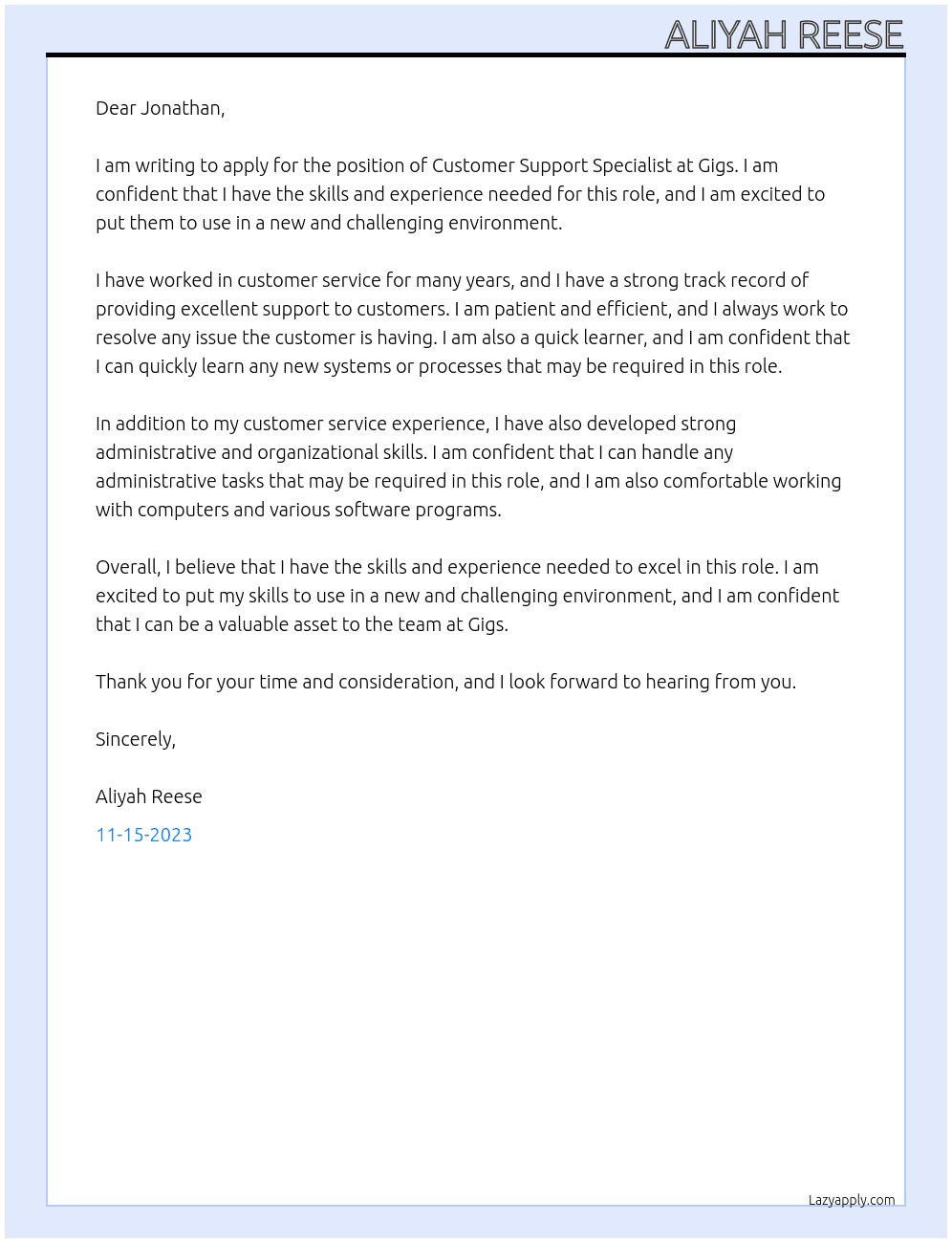 Customer Support Specialist   At Gigs Cover Letter