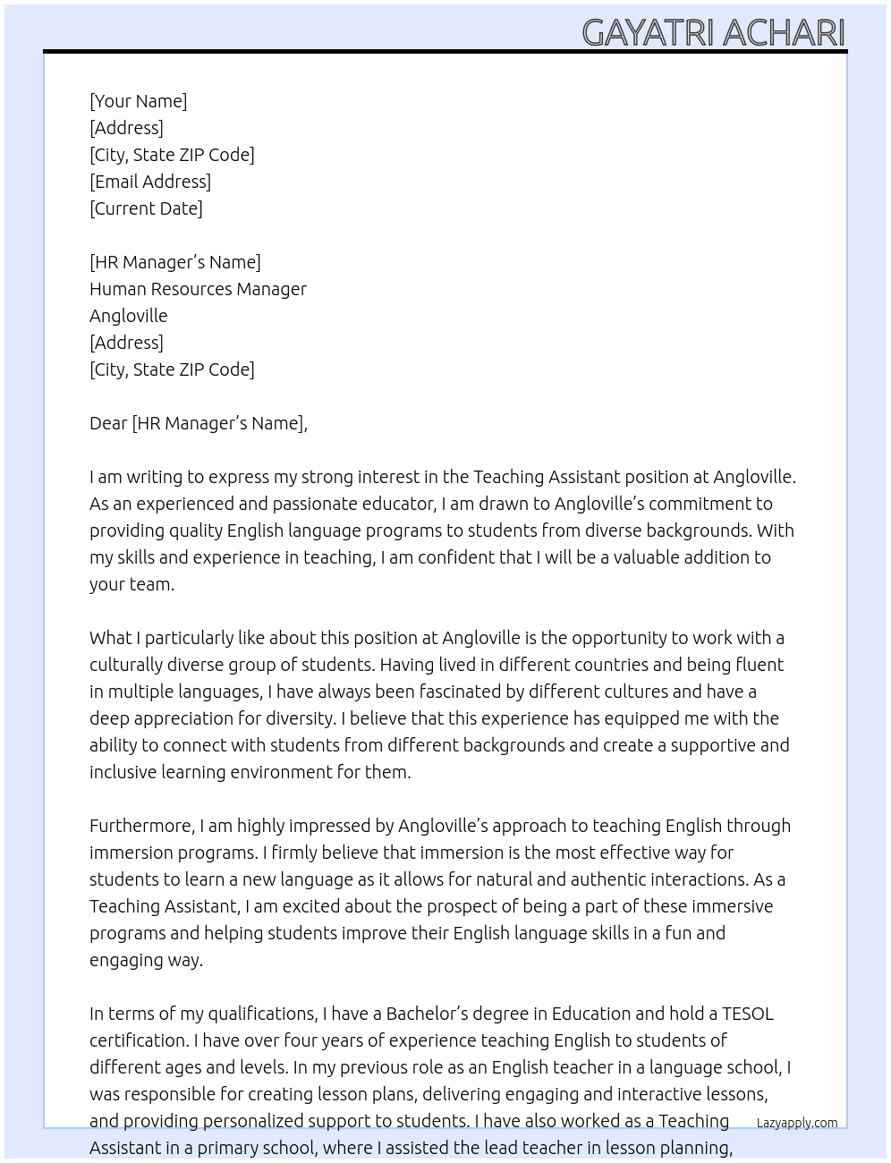 Teaching assistant At Angloville Cover Letter