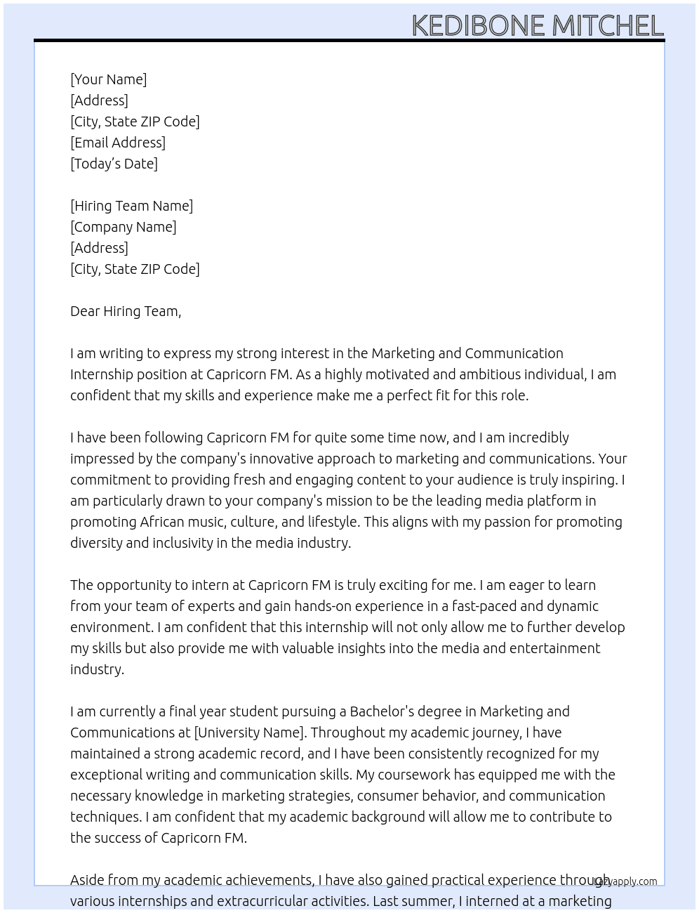 Marketing and communication internship  At Capricorn FM Cover Letter