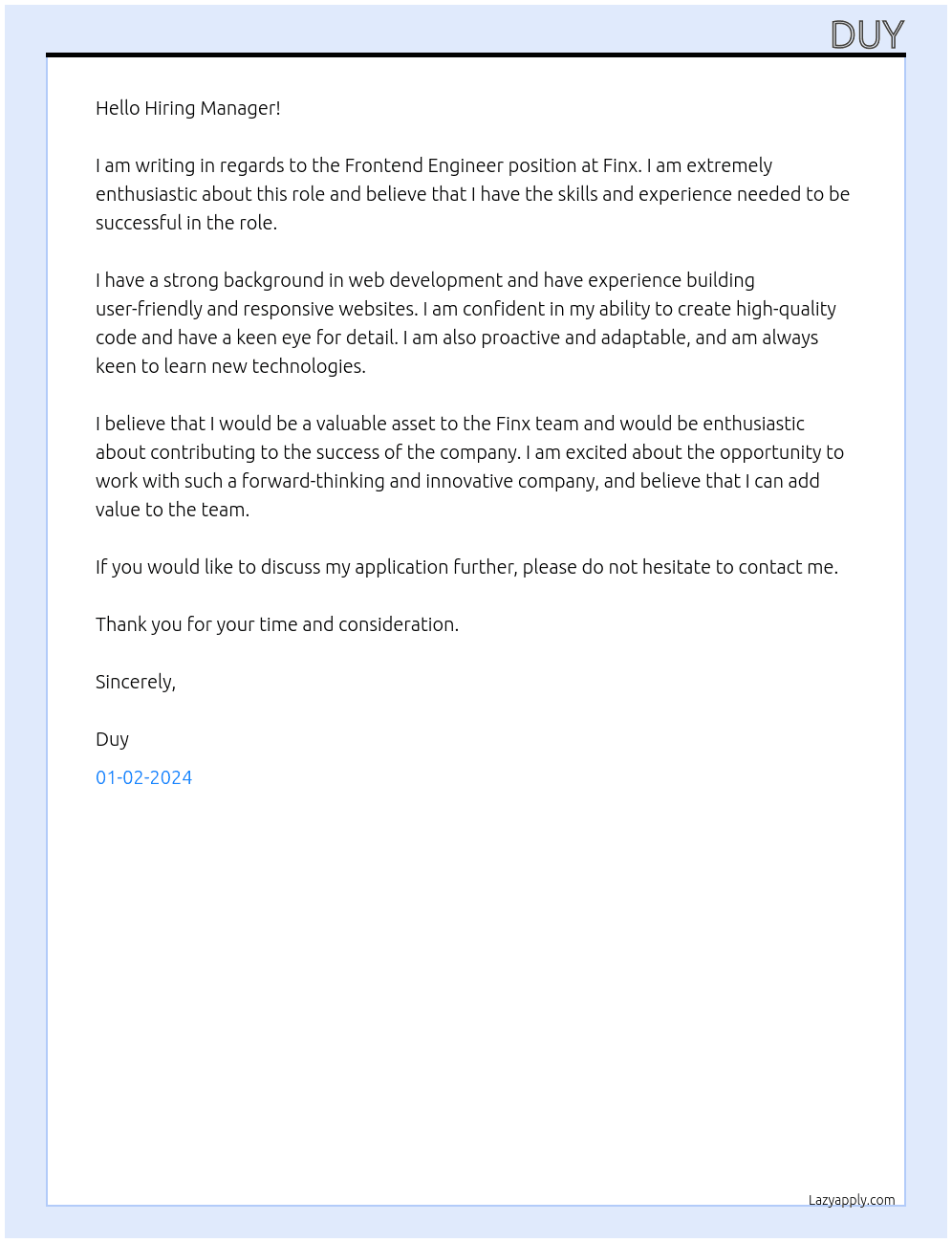 Frontend Engineer At Finx Cover Letter