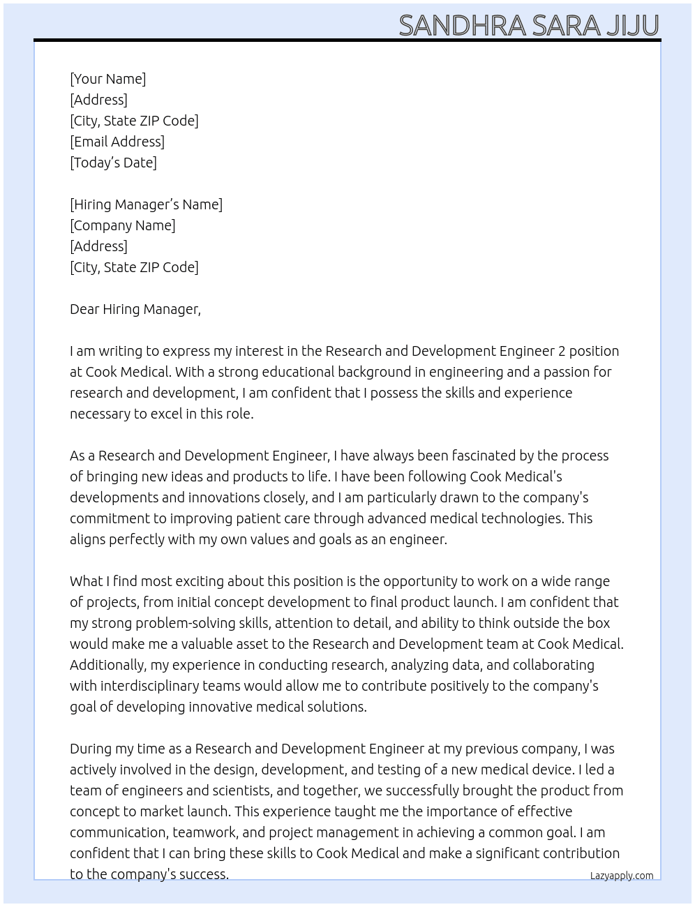 Research and Development Engineer 2 At Cook medical Cover Letter
