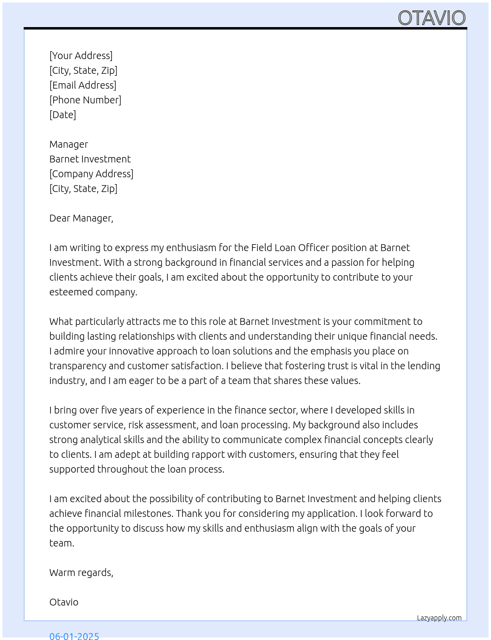 Cover letter for field loan officers - LazyApply