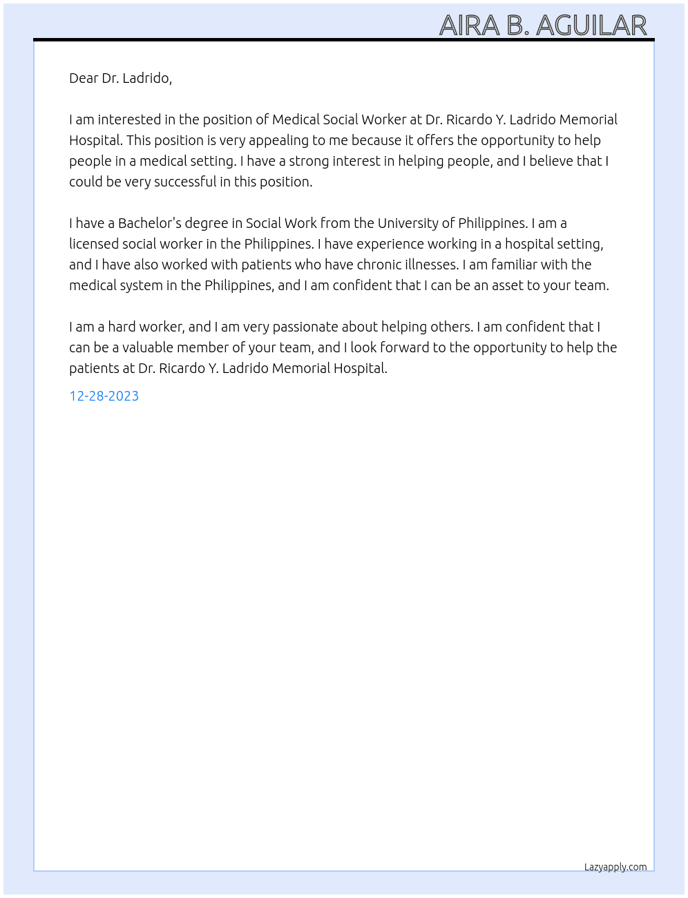 Medical Social Worker  At Dr. Ricardo Y. Ladrido Memorial Hospital  Cover Letter