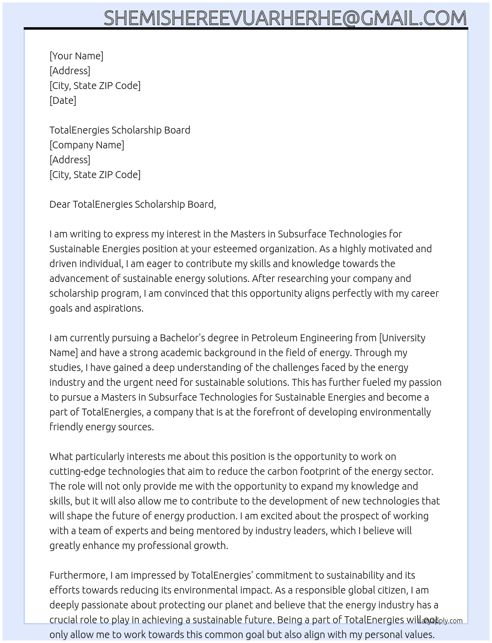Masters in Subsurface Technologies for Sustainable Energies At Masters scholarship by TotalEnergies Cover Letter