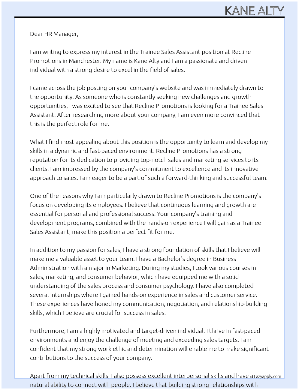 Trainee Sales Assistant At Recline Promotions Cover Letter