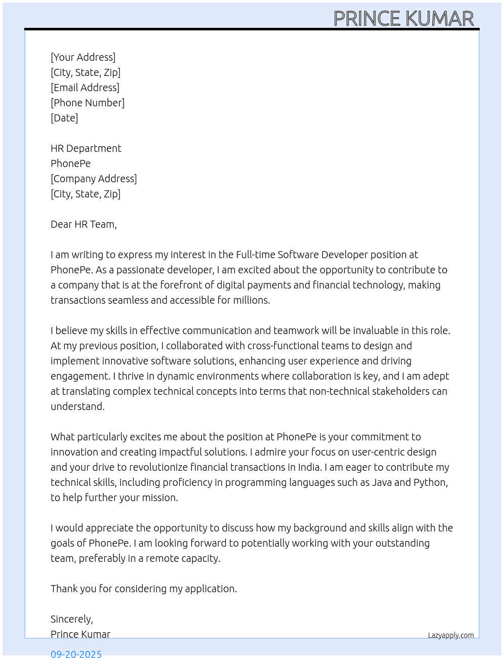 Software developer At Phone pay Cover Letter