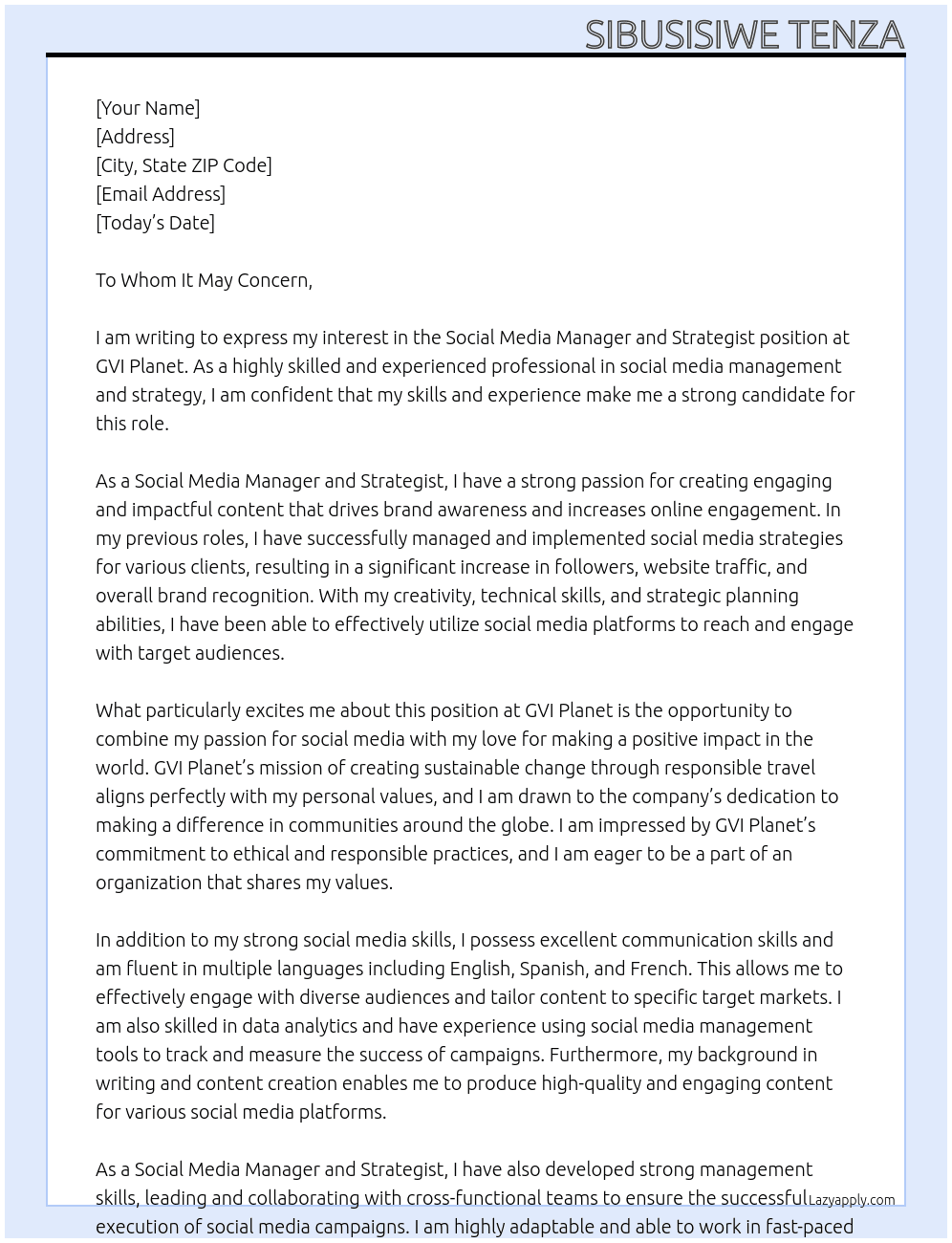 Social Media Manager and Strategist At GVI Planet Cover Letter