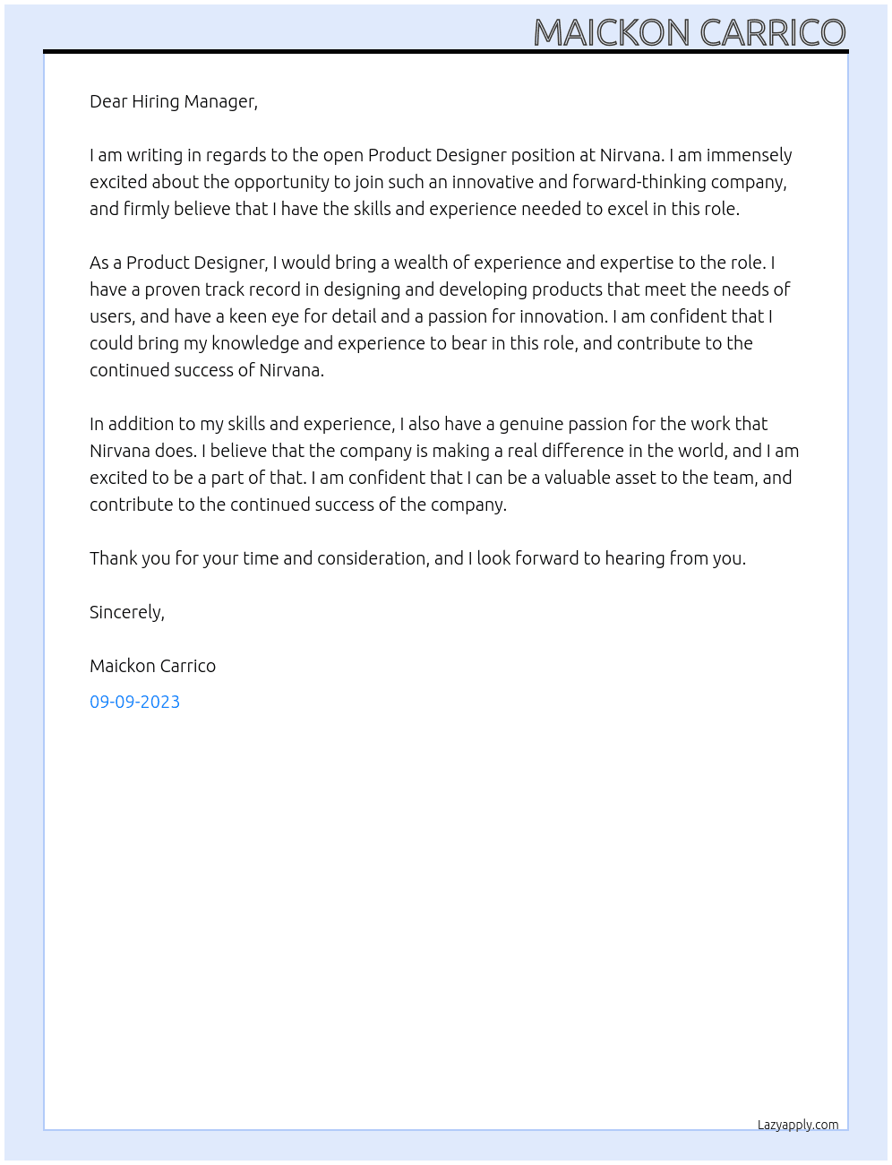 Product Designer At Nirvana Cover Letter
