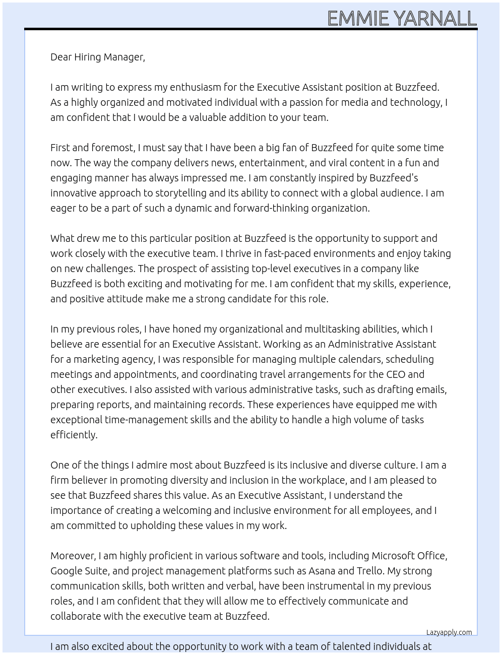 executive assistant At Buzzfeed Cover Letter