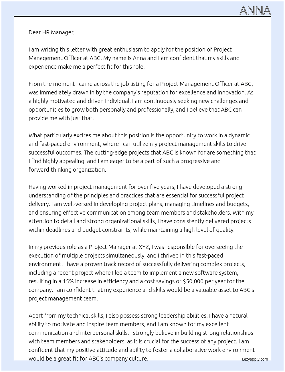 Project Management Officer At ABC Cover Letter