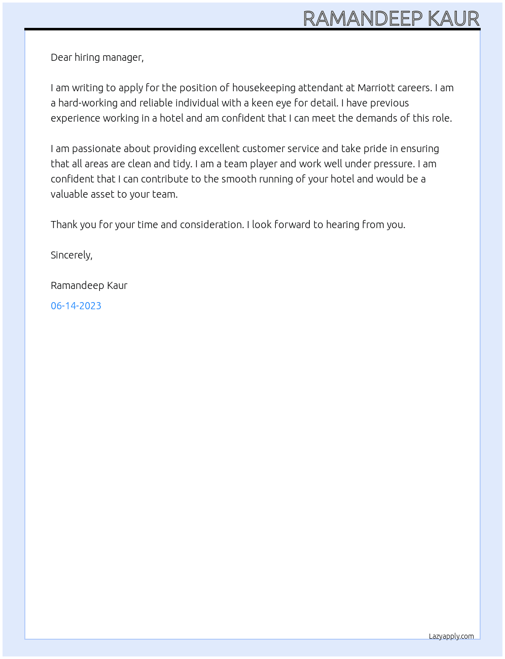 Housekeeping attended At Marriot careers Cover Letter