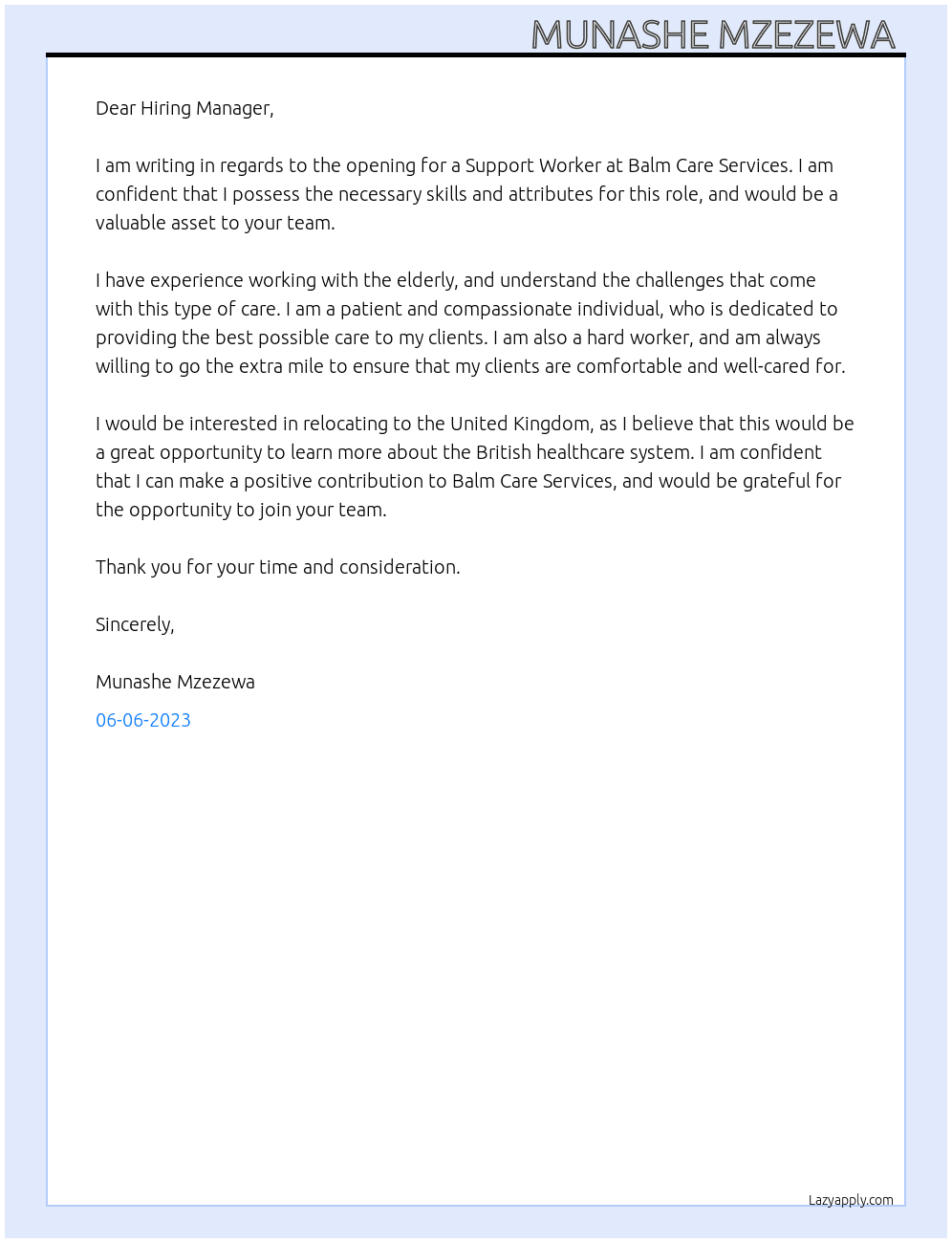 Support worker  At Balm Care Services Cover Letter