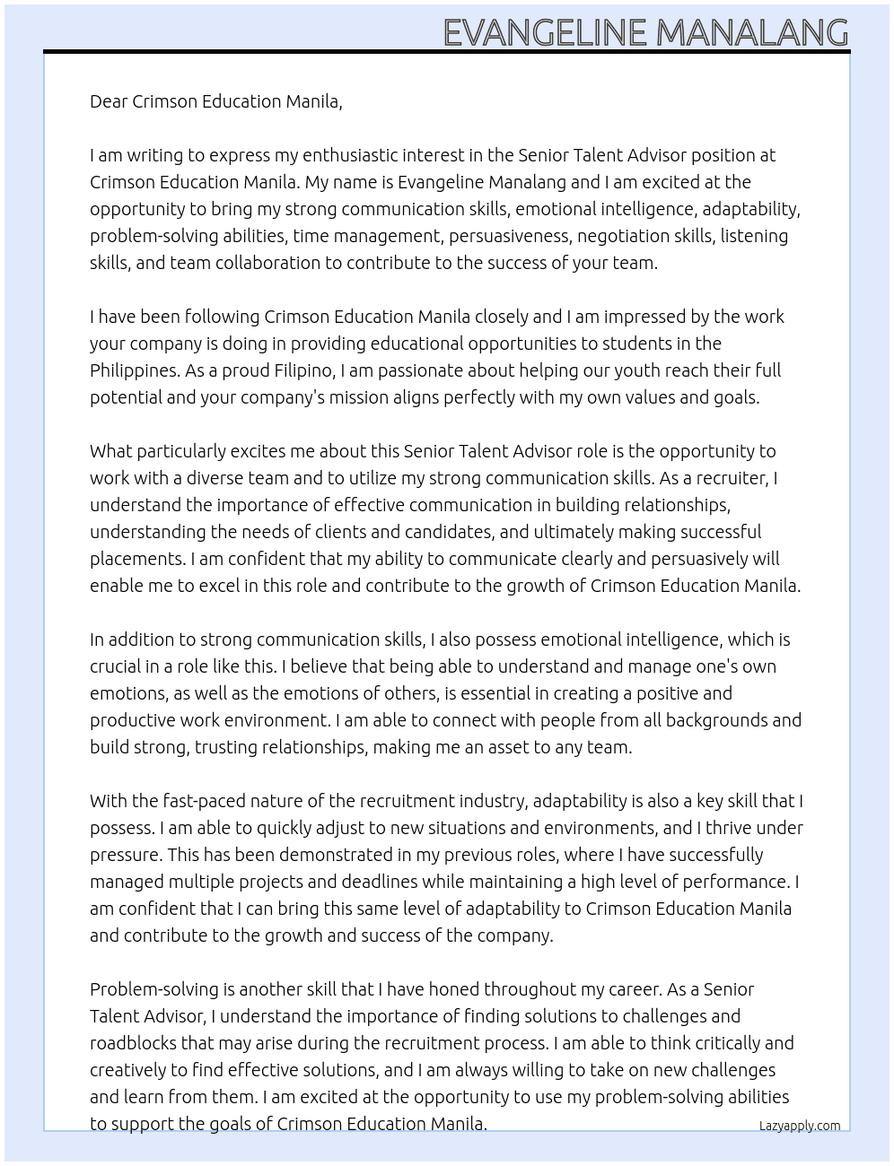 Senior Talent Advisor At Crimson Education Manila Cover Letter