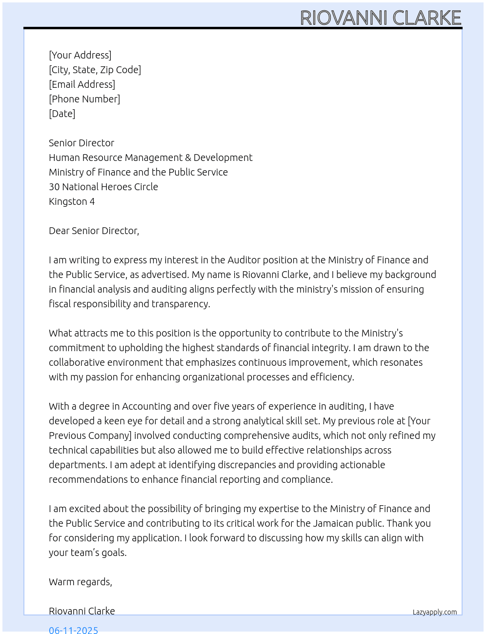 Auditor At Ministry of Finance and the Public Service  Cover Letter
