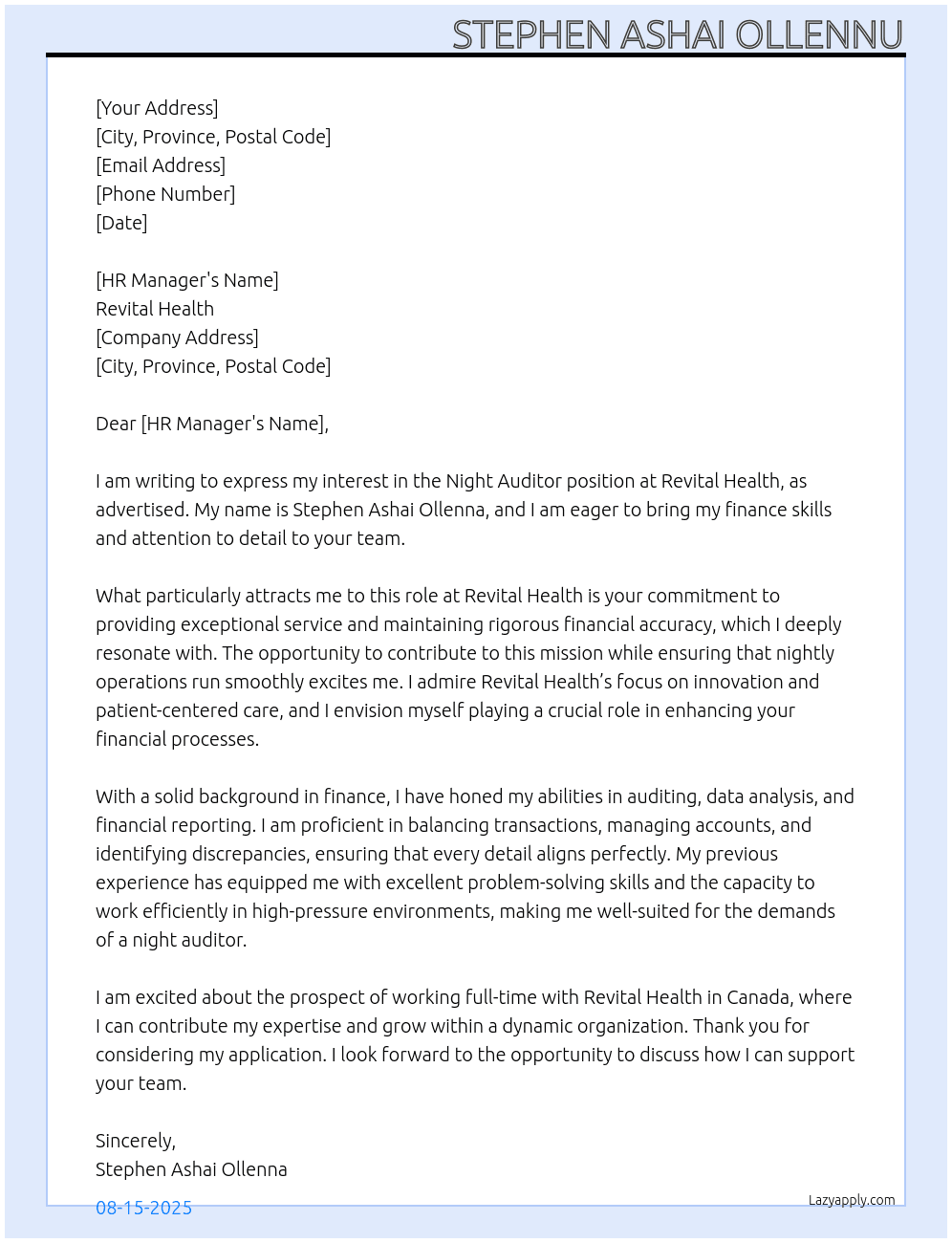 night auditor  At Revital Health Cover Letter