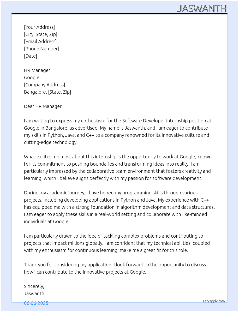 Software developer  At Goggle Cover Letter