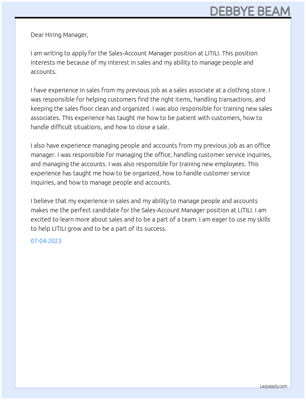 Sales-Account Manager  At LITILI  Cover Letter