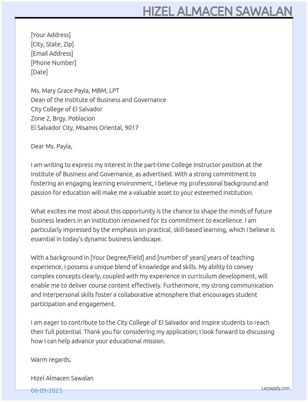 Cover letter for part time college instructor - LazyApply