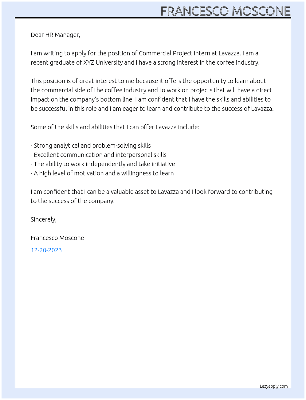 Commercial Project Intern At Lavazza Cover Letter