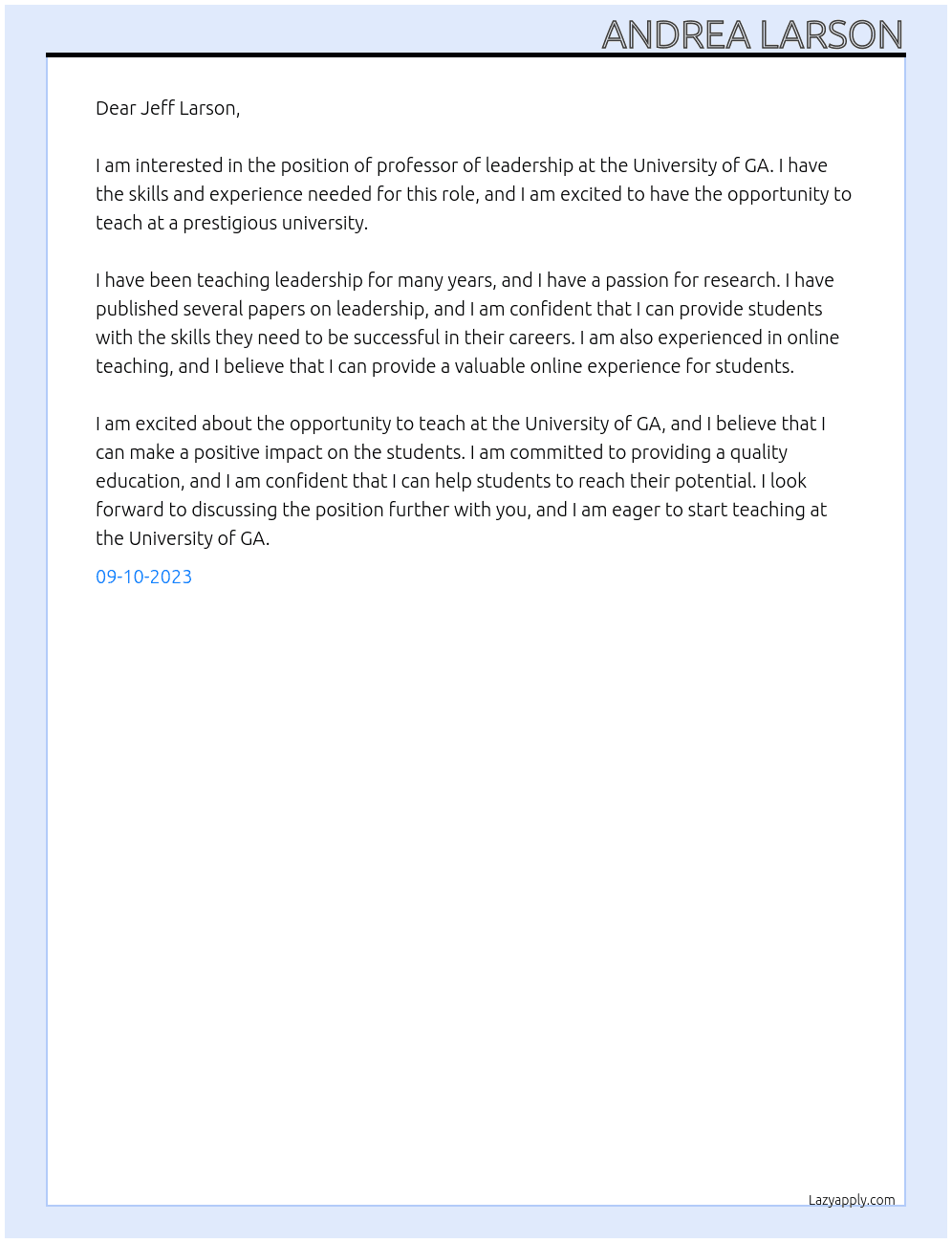professor of leadership At University of GA Cover Letter