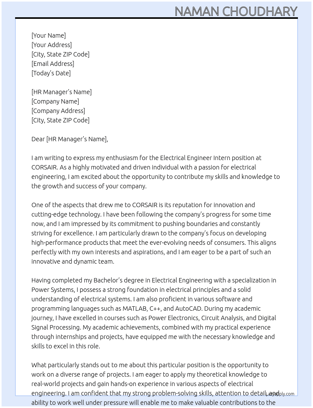 Electrical Engineer Intern At CORSAIR Cover Letter