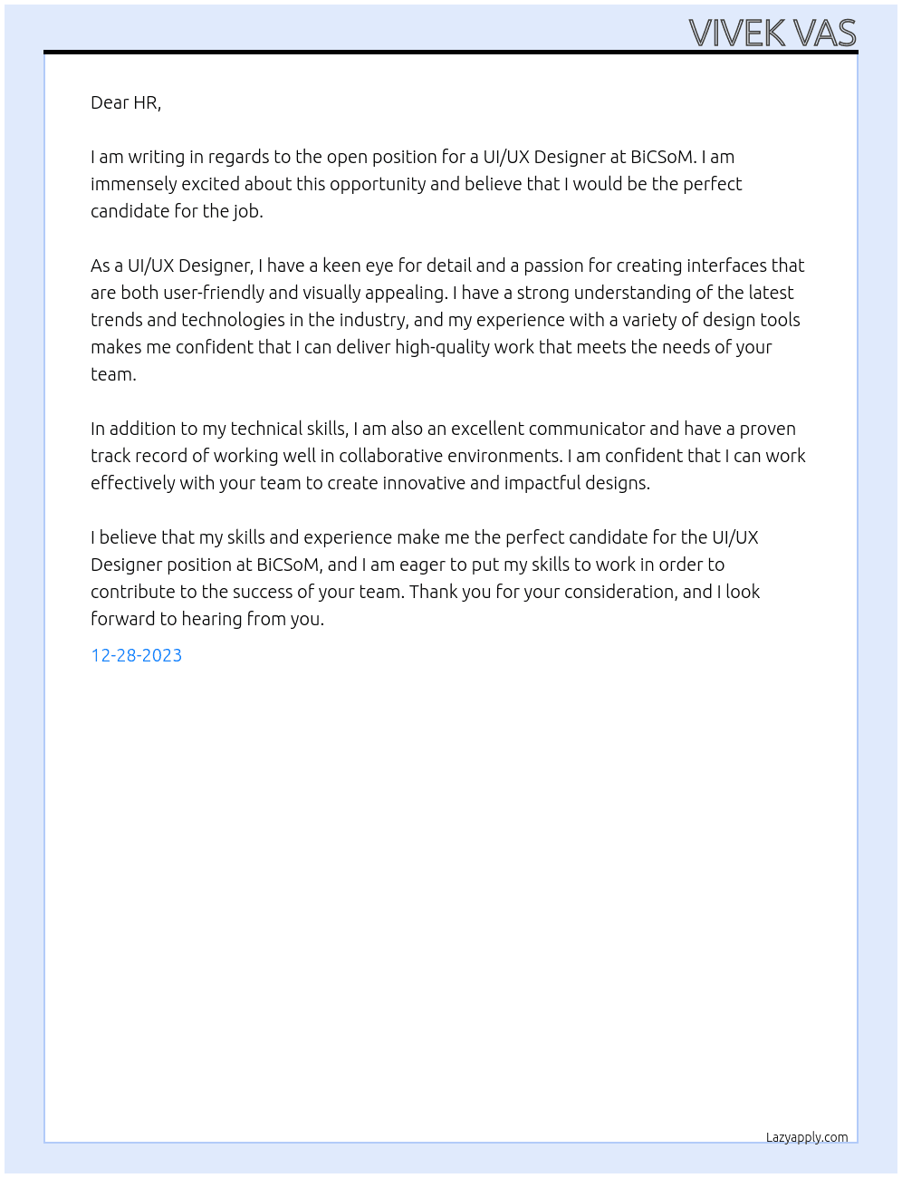 ui ux designer At BiCSoM Cover Letter
