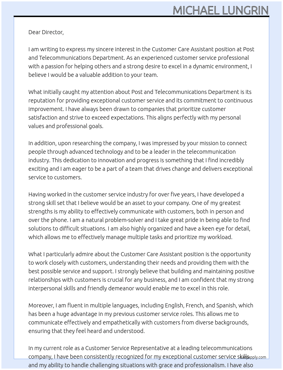 Customer Care Assistant At Post and Telecommunications Department Cover Letter