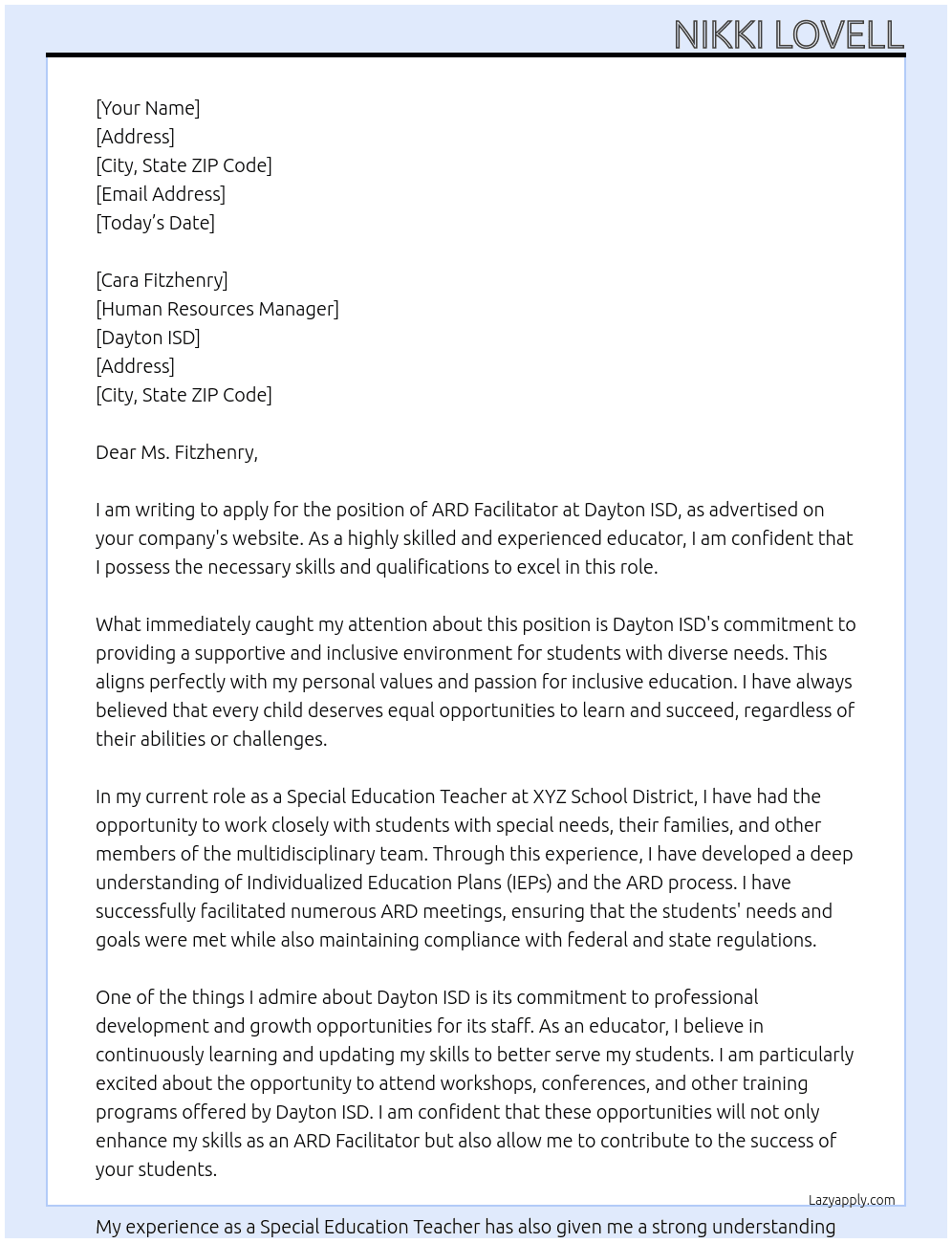 ARD Facilitator At Dayton ISD Cover Letter