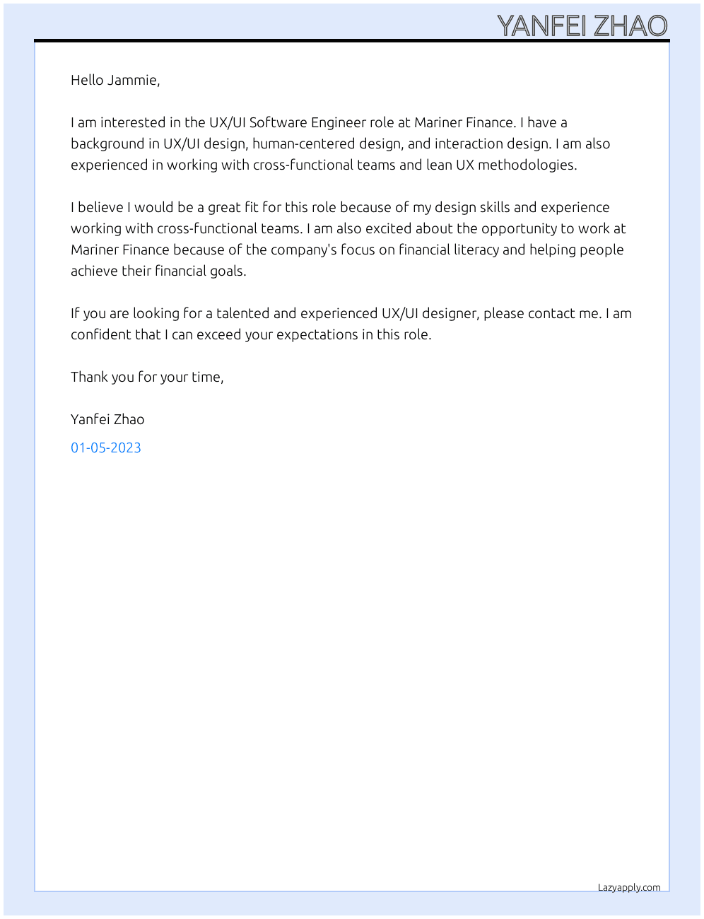 UX/UI Software Engineer At Mariner Finance Cover Letter