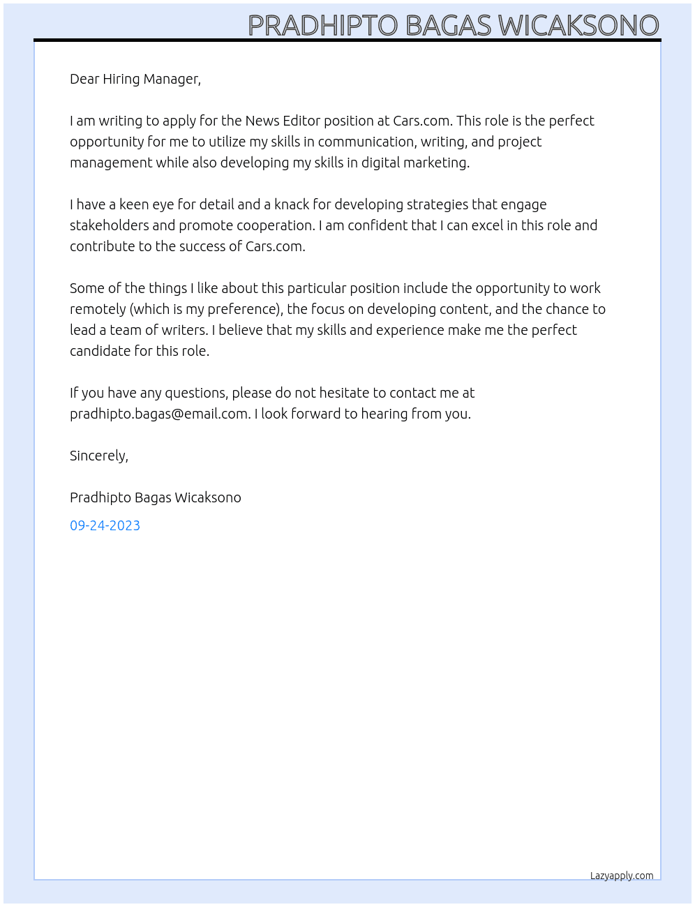 News Editor At Cars.com Cover Letter