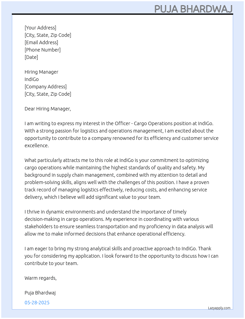 Officer - Cargo Operations At Indigo Cover Letter